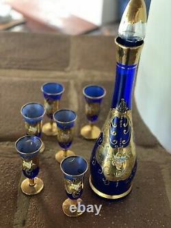 Vintage Venetian Murano Cobalt Blue With 24k Gold Decanter And Glasses