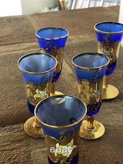 Vintage Venetian Murano Cobalt Blue With 24k Gold Decanter And Glasses