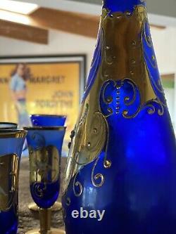 Vintage Venetian Murano Cobalt Blue With 24k Gold Decanter And Glasses