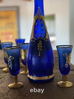 Vintage Venetian Murano Cobalt Blue With 24k Gold Decanter And Glasses