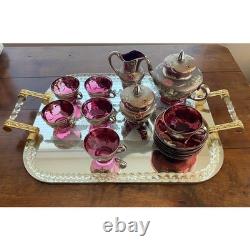 Vintage Venetian Murano Cranberry Glass HandPainted 24k Gold Tea Set- 18 Pieces