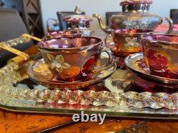 Vintage Venetian Murano Cranberry Glass HandPainted 24k Gold Tea Set- 18 Pieces