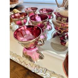Vintage Venetian Murano Cranberry Glass HandPainted 24k Gold Tea Set- 18 Pieces