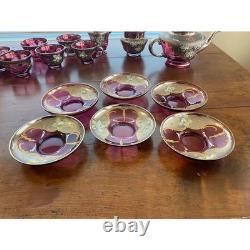 Vintage Venetian Murano Cranberry Glass HandPainted 24k Gold Tea Set- 18 Pieces