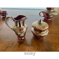 Vintage Venetian Murano Cranberry Glass HandPainted 24k Gold Tea Set- 18 Pieces