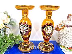 Vintage Venetian Murano Glass Amber Candlesticks Tre Fuochi Two Candlesticks