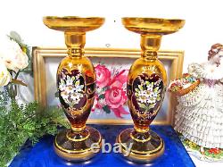 Vintage Venetian Murano Glass Amber Candlesticks Tre Fuochi Two Candlesticks