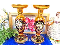 Vintage Venetian Murano Glass Amber Candlesticks Tre Fuochi Two Candlesticks