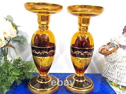 Vintage Venetian Murano Glass Amber Candlesticks Tre Fuochi Two Candlesticks