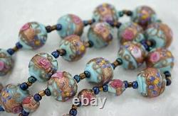 Vintage Venetian Murano Glass Blue Pink Gold Foil Wedding Cake Bead Necklace