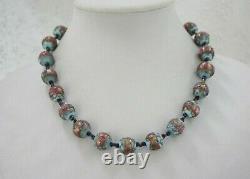 Vintage Venetian Murano Glass Blue Pink Gold Foil Wedding Cake Bead Necklace