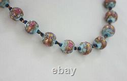 Vintage Venetian Murano Glass Blue Pink Gold Foil Wedding Cake Bead Necklace