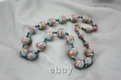 Vintage Venetian Murano Glass Blue Pink Gold Foil Wedding Cake Bead Necklace