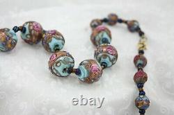 Vintage Venetian Murano Glass Blue Pink Gold Foil Wedding Cake Bead Necklace