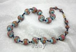 Vintage Venetian Murano Glass Blue Pink Gold Foil Wedding Cake Bead Necklace