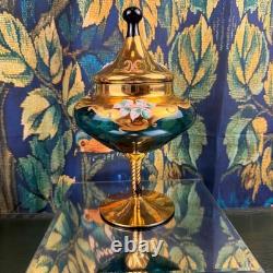 Vintage Venetian Murano Glass Compote Green Gold Hand Painted Floral Candy Dish