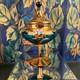Vintage Venetian Murano Glass Compote Green Gold Hand Painted Floral Candy Dish