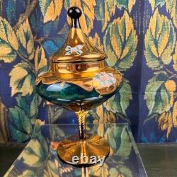 Vintage Venetian Murano Glass Compote Green Gold Hand Painted Floral Candy Dish