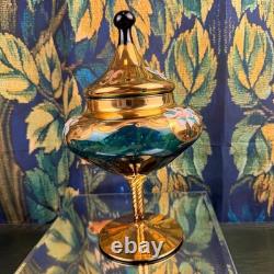 Vintage Venetian Murano Glass Compote Green Gold Hand Painted Floral Candy Dish