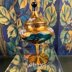 Vintage Venetian Murano Glass Compote Green Gold Hand Painted Floral Candy Dish