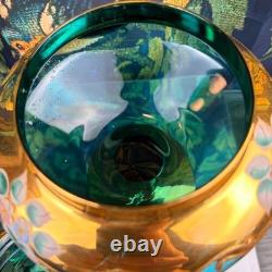 Vintage Venetian Murano Glass Compote Green Gold Hand Painted Floral Candy Dish