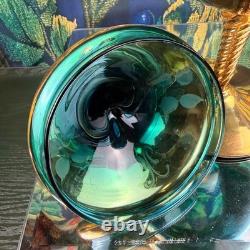 Vintage Venetian Murano Glass Compote Green Gold Hand Painted Floral Candy Dish