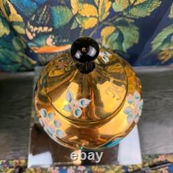Vintage Venetian Murano Glass Compote Green Gold Hand Painted Floral Candy Dish