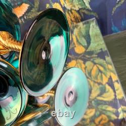 Vintage Venetian Murano Glass Compote Green Gold Hand Painted Floral Candy Dish