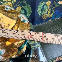 Vintage Venetian Murano Glass Compote Green Gold Hand Painted Floral Candy Dish