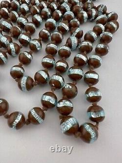 Vintage Venetian Murano Glass Foiled Blue & Brown Knotted Necklace 58