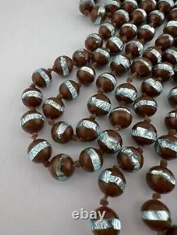 Vintage Venetian Murano Glass Foiled Blue & Brown Knotted Necklace 58