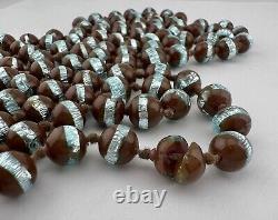 Vintage Venetian Murano Glass Foiled Blue & Brown Knotted Necklace 58