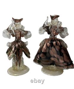Vintage Venetian Murano Glass Goldoni Dancing Sculpture Pair, Tortoise Shell