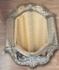 Vintage Venetian Murano Glass Mirror 60x90 cm Mid-Century Italian Etched Wall