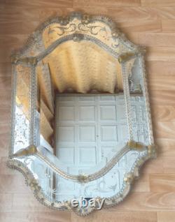 Vintage Venetian Murano Glass Mirror 60x90 cm Mid-Century Italian Etched Wall