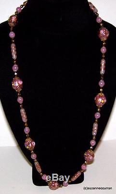 Vintage Venetian Murano Glass Necklace Pink Wedding Cake Round Cylindrical Beads