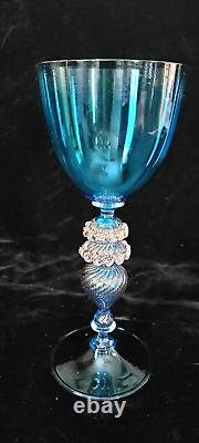 Vintage Venetian Murano Glass Stem Glass Blue Gold 9T Made Italy