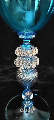 Vintage Venetian Murano Glass Stem Glass Blue Gold 9T Made Italy