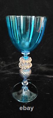 Vintage Venetian Murano Glass Stem Glass Blue Gold 9T Made Italy