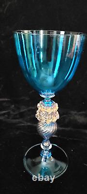 Vintage Venetian Murano Glass Stem Glass Blue Gold 9T Made Italy