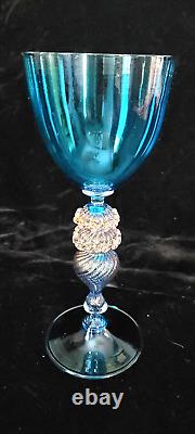 Vintage Venetian Murano Glass Stem Glass Blue Gold 9T Made Italy