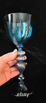 Vintage Venetian Murano Glass Stem Glass Blue Gold 9T Made Italy