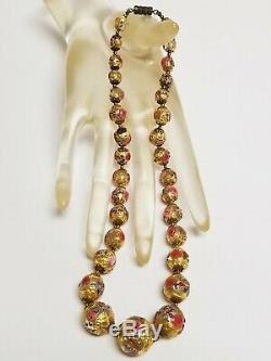 Vintage Venetian Murano Gold Pink Rose Wedding Cake Glass Bead Necklace ITALY