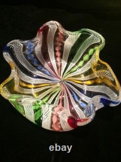 Vintage Venetian Murano Italian Art Glass Latticino Multicolored Bowl