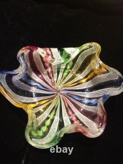 Vintage Venetian Murano Italian Art Glass Latticino Multicolored Bowl