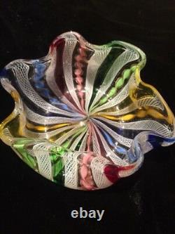 Vintage Venetian Murano Italian Art Glass Latticino Multicolored Bowl