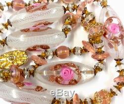 Vintage Venetian Murano Lattacino Wedding Cake Glass Bead Necklace 25 Inches
