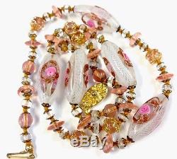 Vintage Venetian Murano Lattacino Wedding Cake Glass Bead Necklace 25 Inches