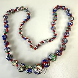 Vintage Venetian Murano Millefiori Art Glass Bead Necklace Graduated 29'