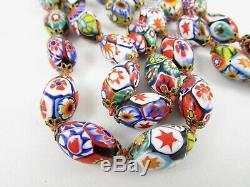 Vintage Venetian Murano Millefiori Art Glass Oval Bead Long Necklace 28